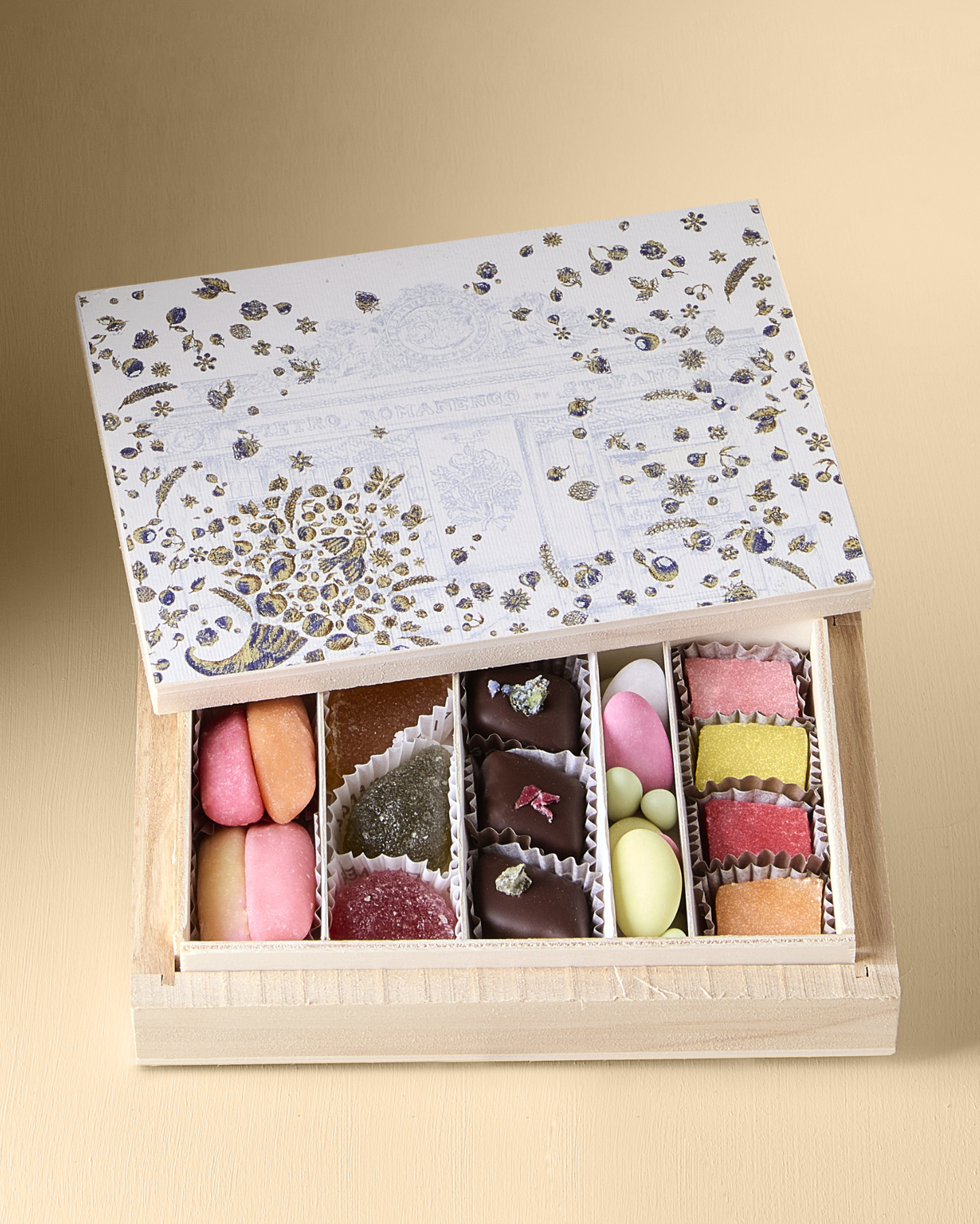 Fondants, Assorted Sugar-coated Sweets and Chocolates in a Wooden Box